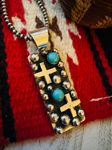 Navajo Sterling Silver & Turquoise Cross Pendant by Chimney Butte