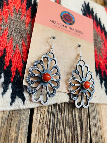 Navajo Coral & Sterling Silver Flower Dangle Earrings By Kevin Billah