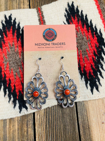 Navajo Coral & Sterling Silver Flower Dangle Earrings By Kevin Billah