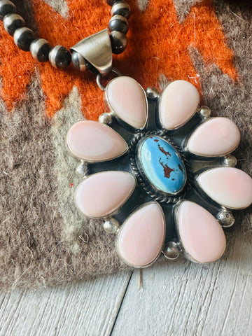 Navajo Queen Pink Conch, Turquoise & Sterling Silver Cluster Pendant