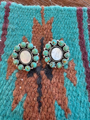 Handmade Turquoise, Mother of Pearl and Sterling Silver Post Earrings