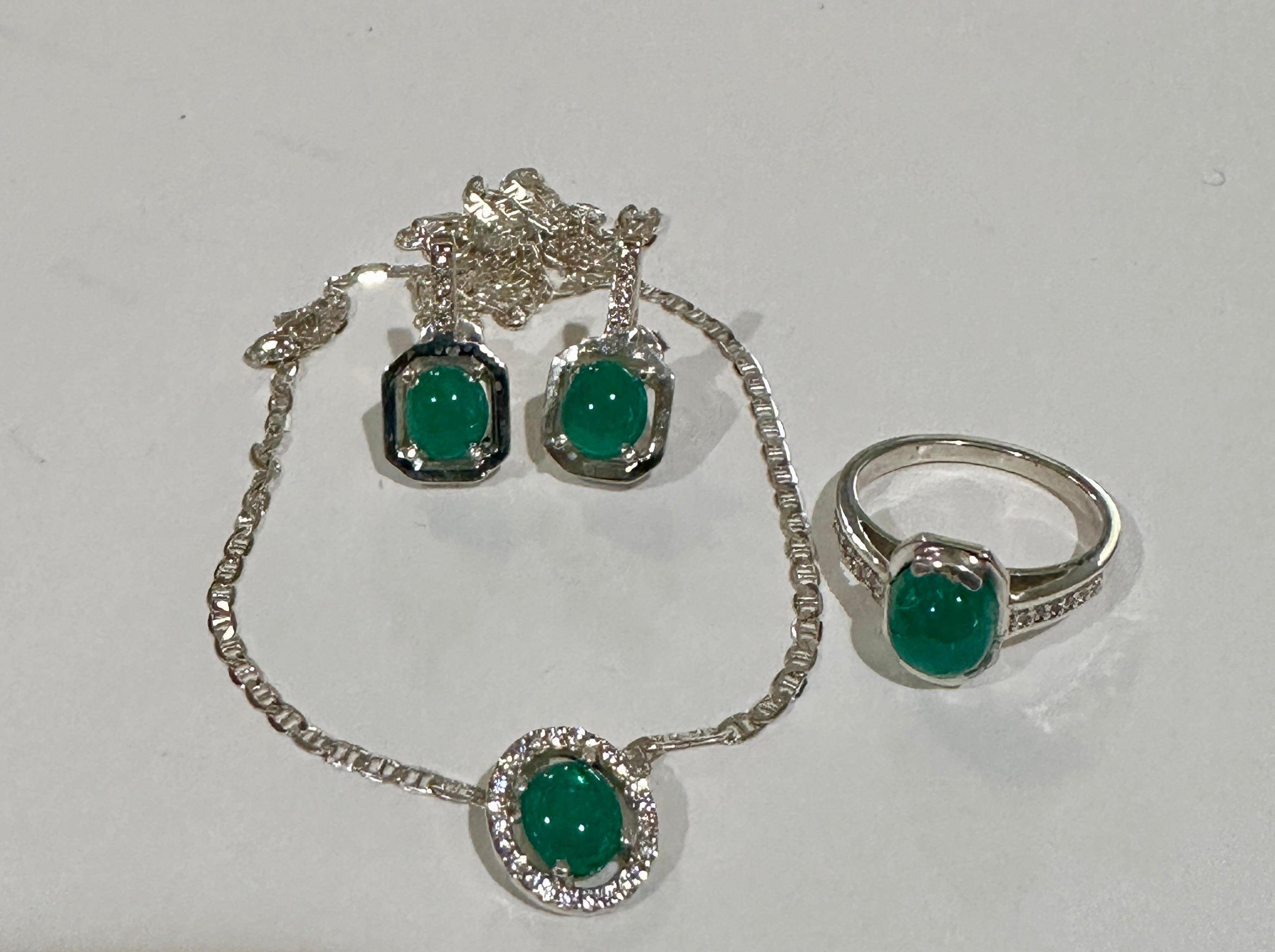 Colombian Emerald Necklace, Earrings and Ring Set in Sterling Silver dangles 1ct set 7