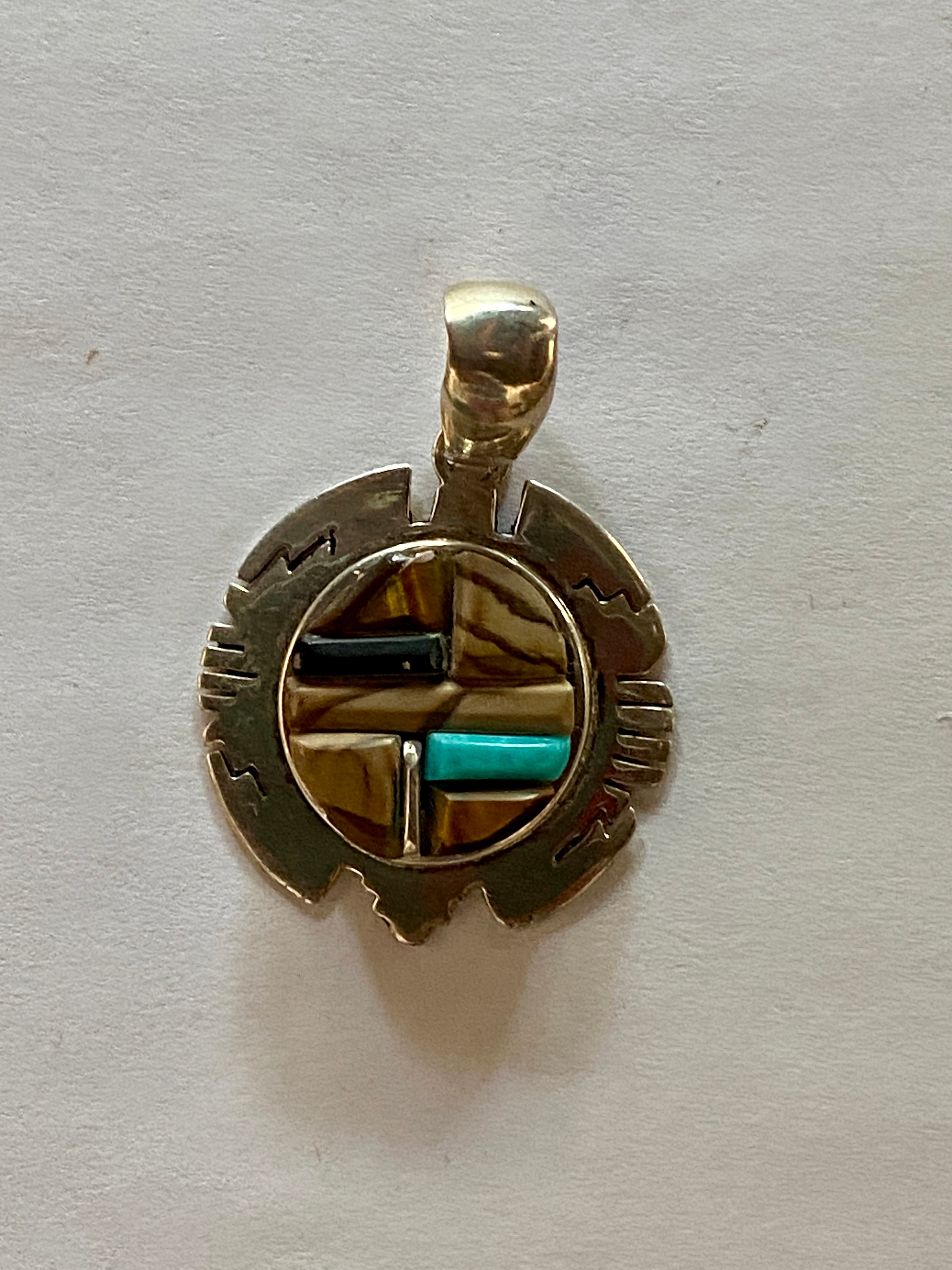 Navajo Rolled Inlay Pendant Necklace with Turquoise, Onyx, Coral, Petrified Wood