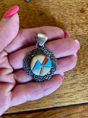 Navajo Turquoise, Coral & Mother of Pearl Pendant Necklace