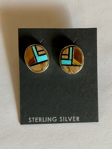 Navajo Turquoise, Onyx, Petrified Wood & Sterling Silver Inlay Small Oval Stud Earrings