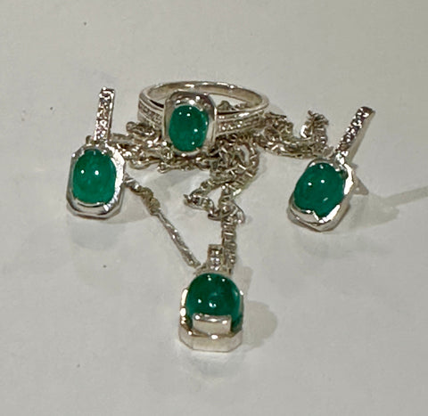 Colombian Emerald Necklace, Earrings & Ring Set in Sterling silver set 6