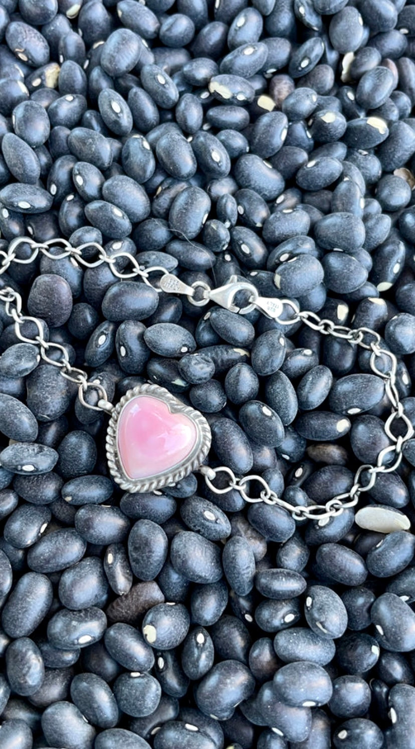 Navajo Queen Pink Conch Shell & Sterling Silver Heart Bracelet By P. Skeets