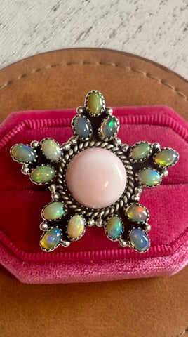 Handmade Pink Conch, Opal And Sterling Silver Adjustable Ring Signed Nizhoni