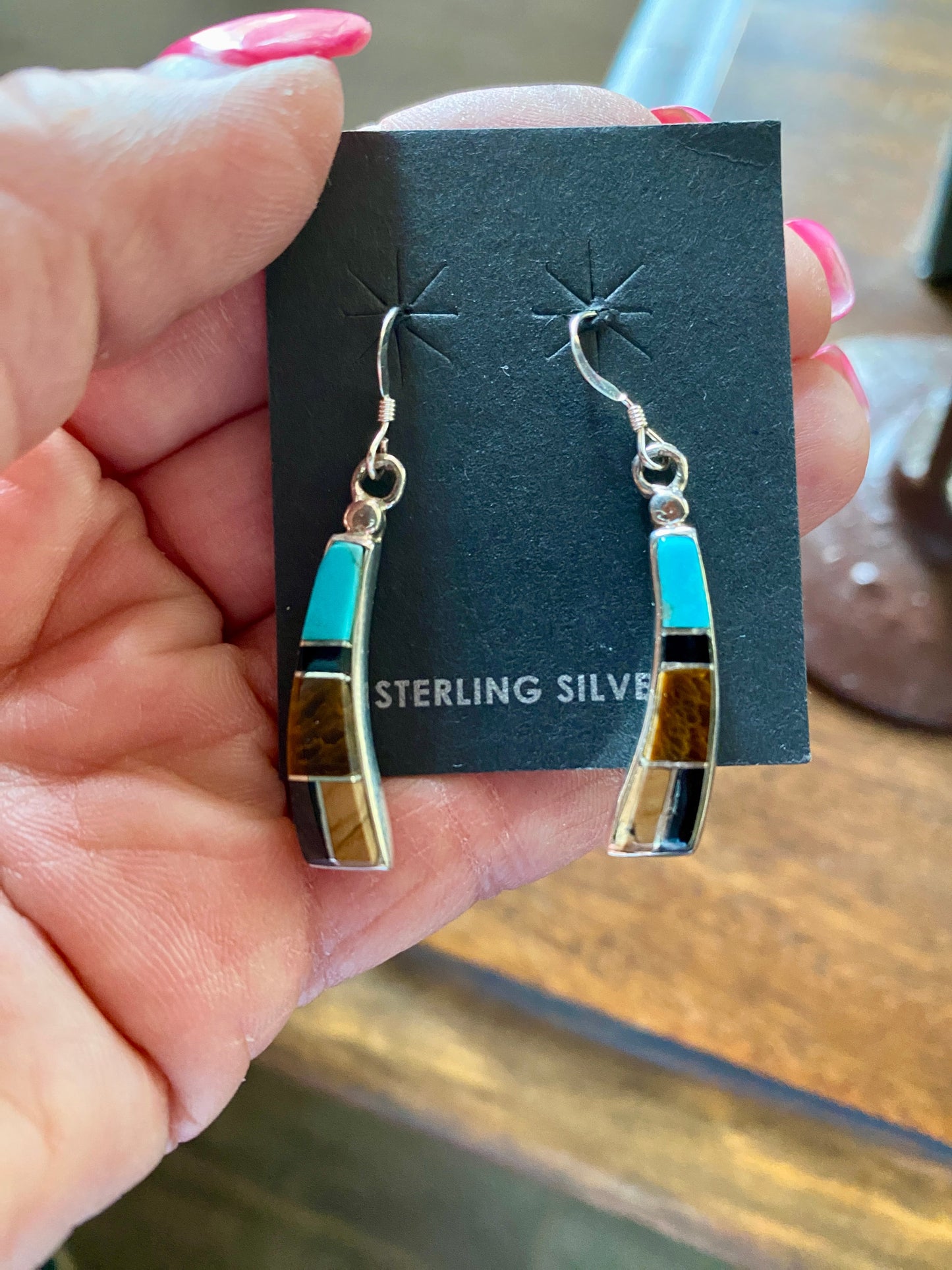 Navajo Turquoise, Onyx, Petrified Wood & Sterling Silver Inlay Dangle Earrings