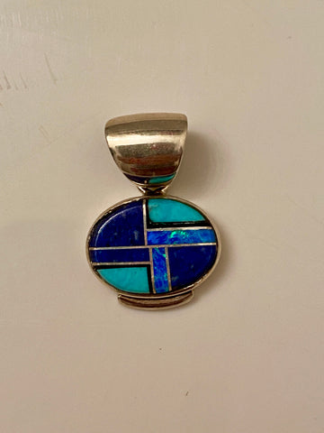 Navajo Lapis, Turquoise, Blue Opal Small Oval Pendant