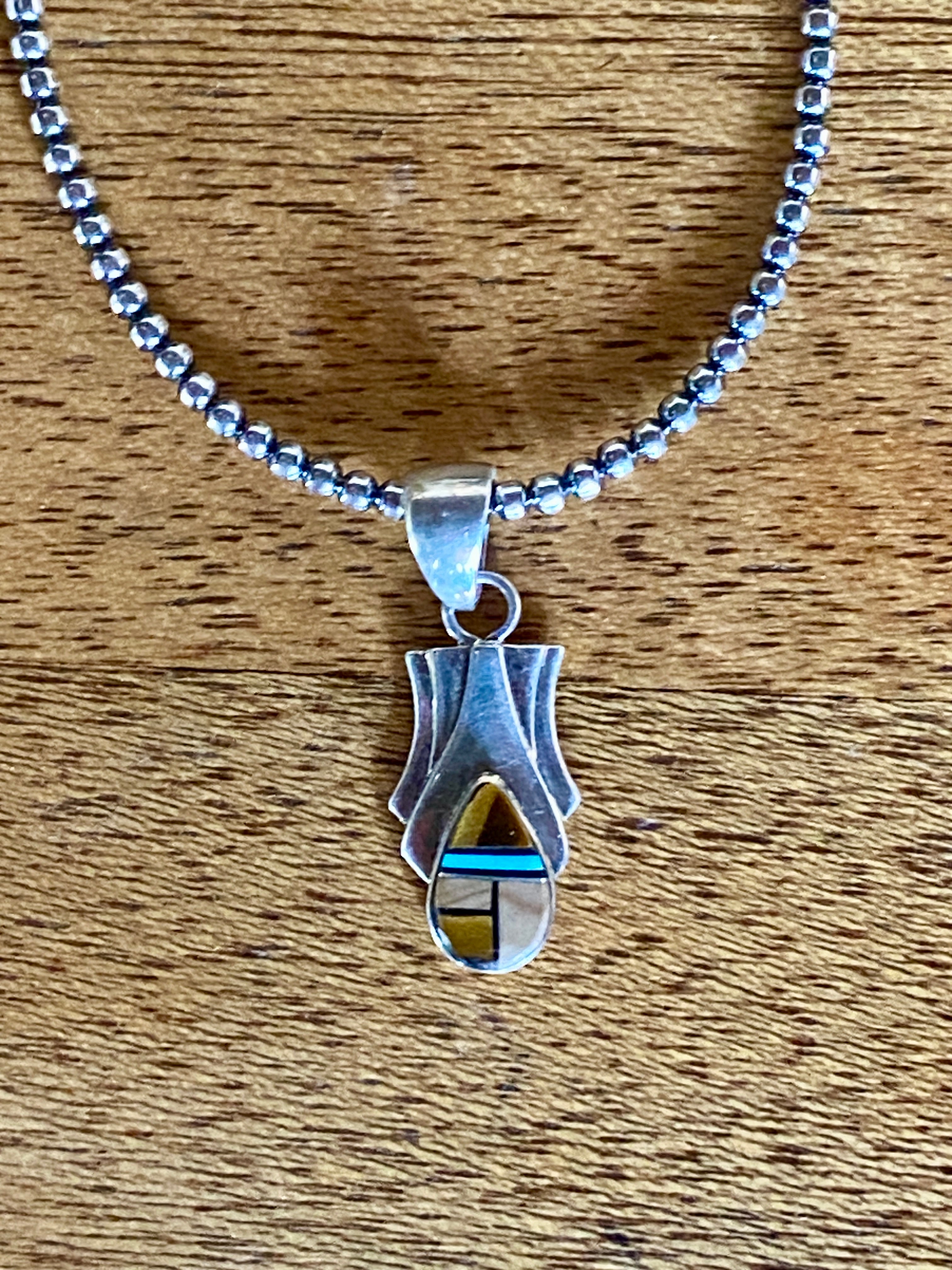 Navajo Turquoise, Onyx, Petrified Wood Pendant