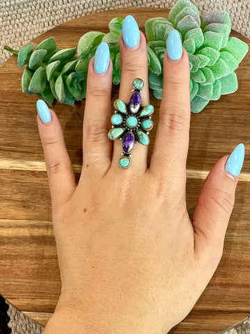 Beautiful Handmade Turquoise, Violet Frost And Sterling Silver Adjustable Ring