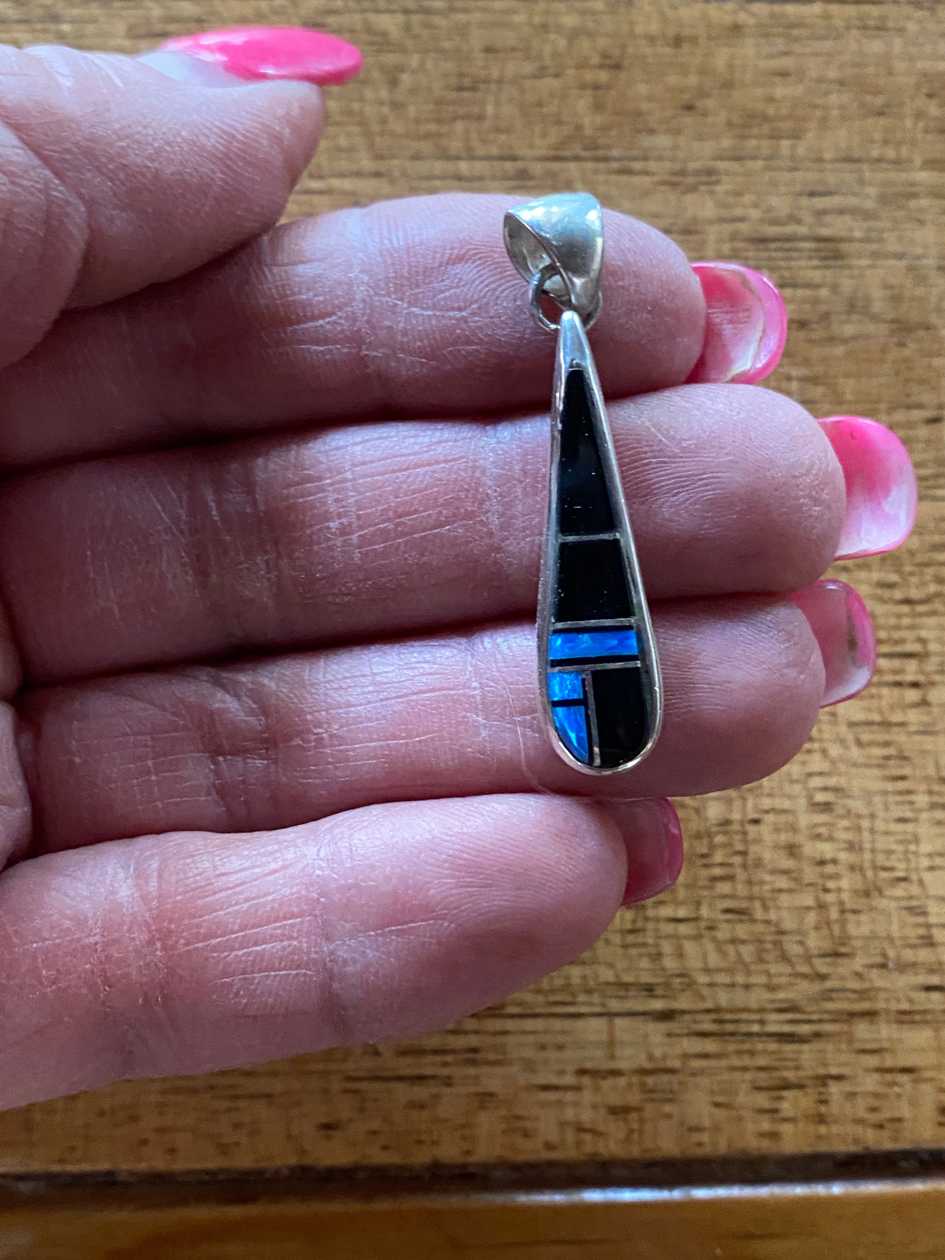 Navajo Onyx, Blue Opal Sterling Silver Pendant