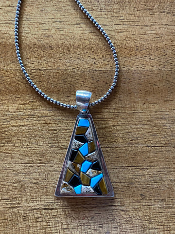 Navajo Rolled Turquoise, Petrified Wood, Onyx & Sterling Silver Pendant