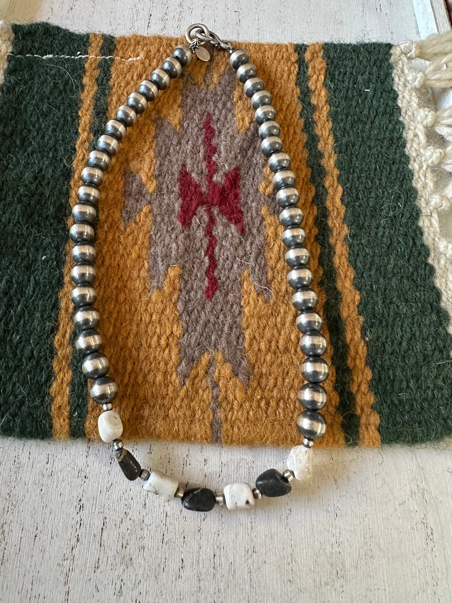 Navajo Pearl Sterling Silver & White Buffalo Beaded Necklace 14-20 Inch