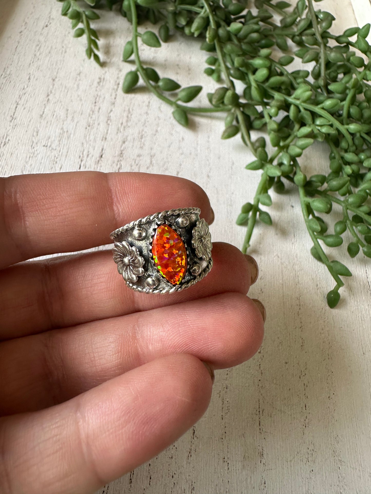 Beautiful Handmade Orange Fire Opal And Sterling Silver Adjustable Flower Ring