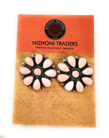 Navajo Queen Pink Conch & Sterling Silver Cluster Stud Earrings