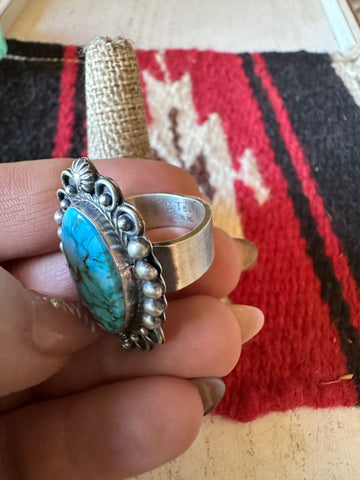 Navajo Sonoran Mountain Turquoise & Sterling Silver Single Stone Ring Size 8 Signed S.Tso