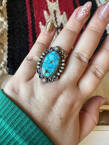 Navajo Sonoran Mountain Turquoise & Sterling Silver Single Stone Ring Size 8 Signed S.Tso