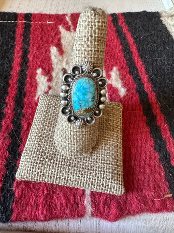 Navajo Sonoran Mountain Turquoise & Sterling Silver Single Stone Ring Size 8 Signed S.Tso