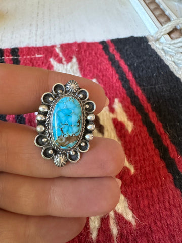 Navajo Sonoran Mountain Turquoise & Sterling Silver Single Stone Ring Size 8 Signed S.Tso