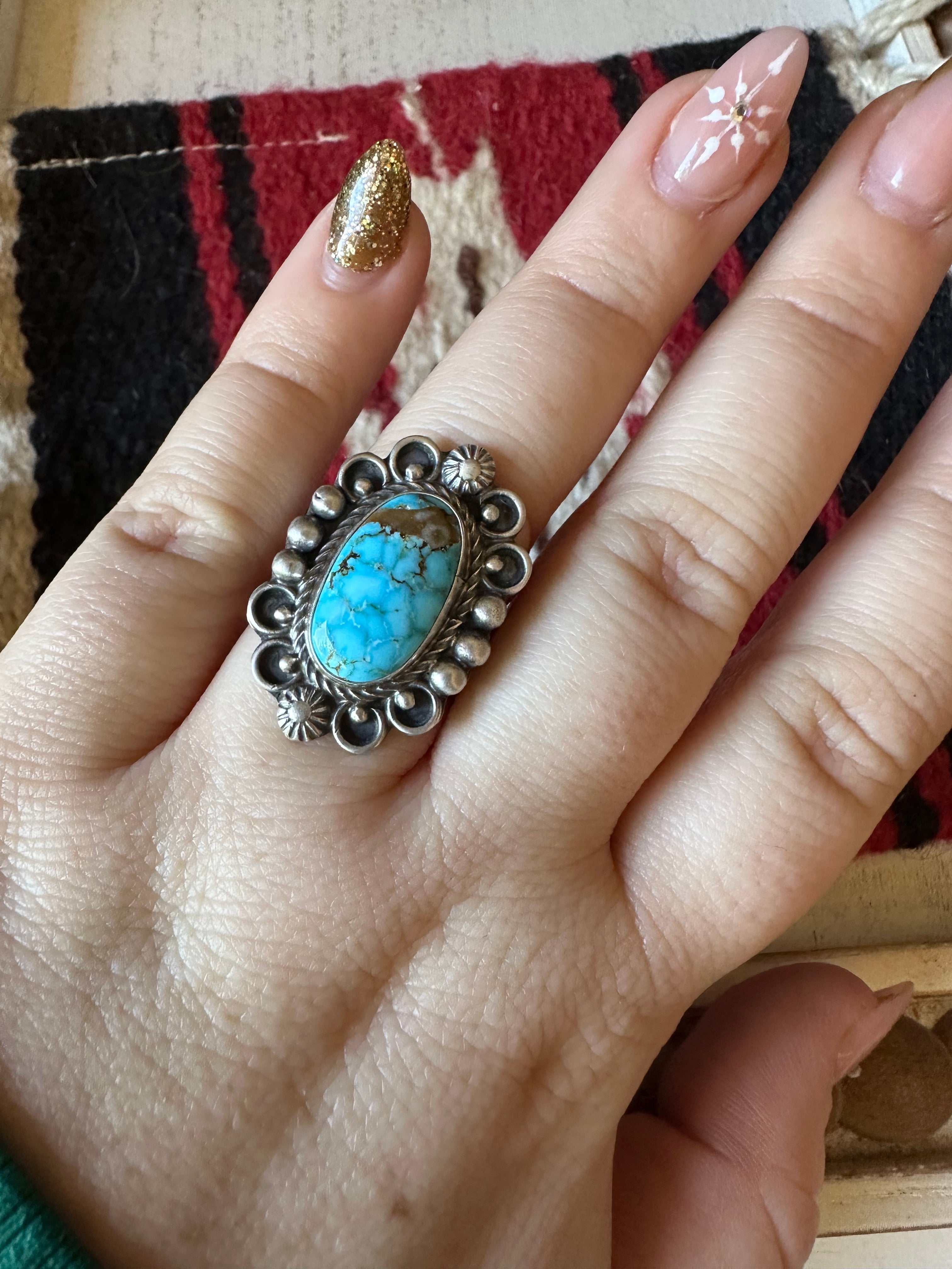 Navajo Sonoran Mountain Turquoise & Sterling Silver Single Stone Ring Size 8 Signed S.Tso