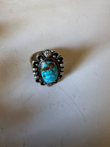 Navajo Sonoran Mountain Turquoise & Sterling Silver Single Stone Ring Size 8 Signed S.Tso