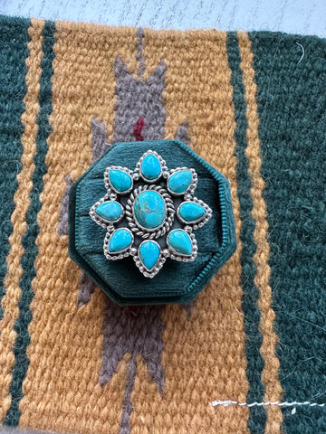 Handmade Turquoise And Sterling Silver Adjustable Floral Cluster Ring