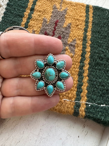 Handmade Turquoise And Sterling Silver Adjustable Floral Cluster Ring