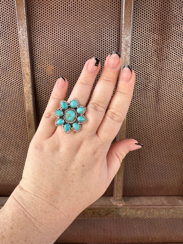 Handmade Turquoise And Sterling Silver Adjustable Floral Cluster Ring