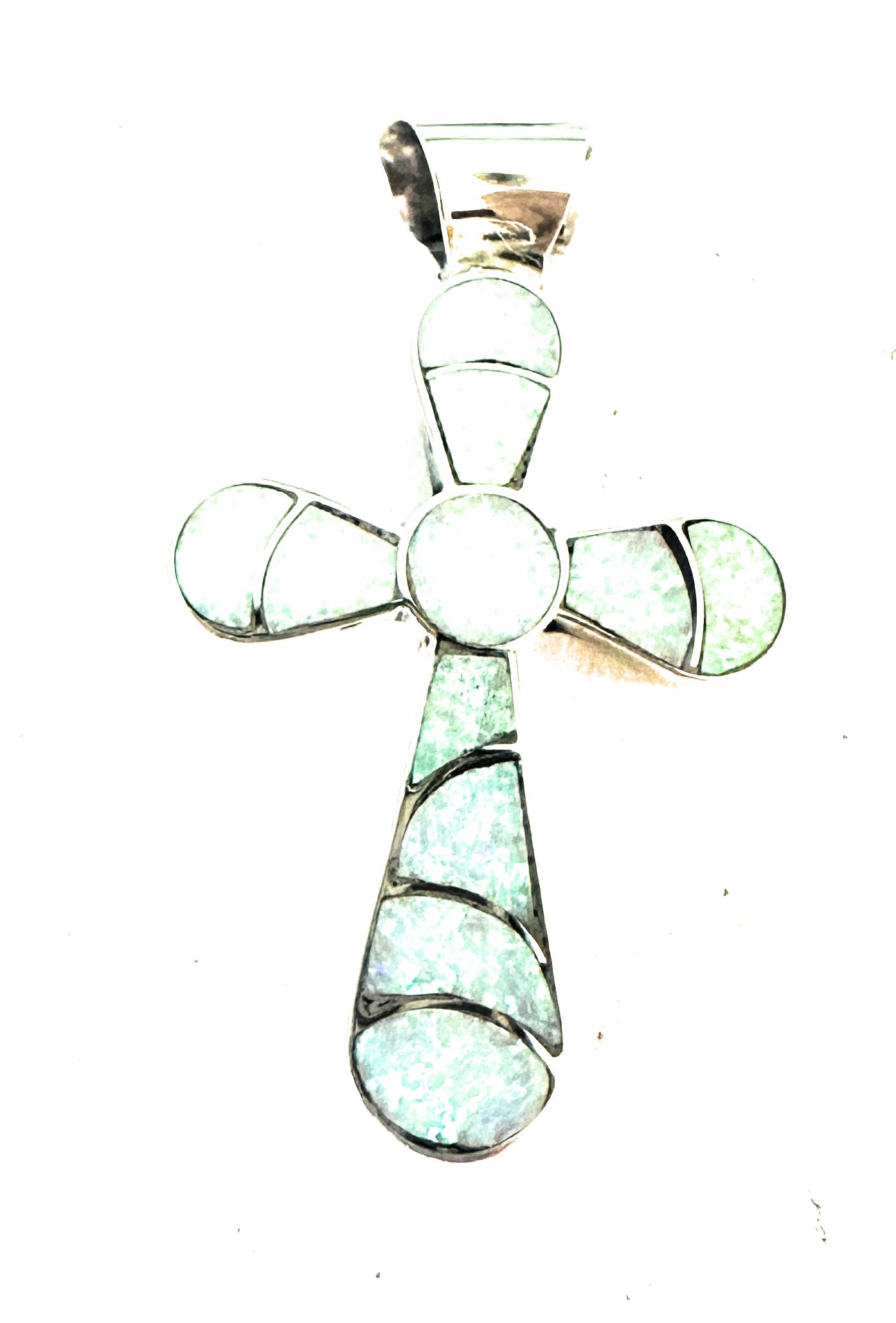Zuni Sterling Silver & White Opal Inlay Cross Pendant Signed