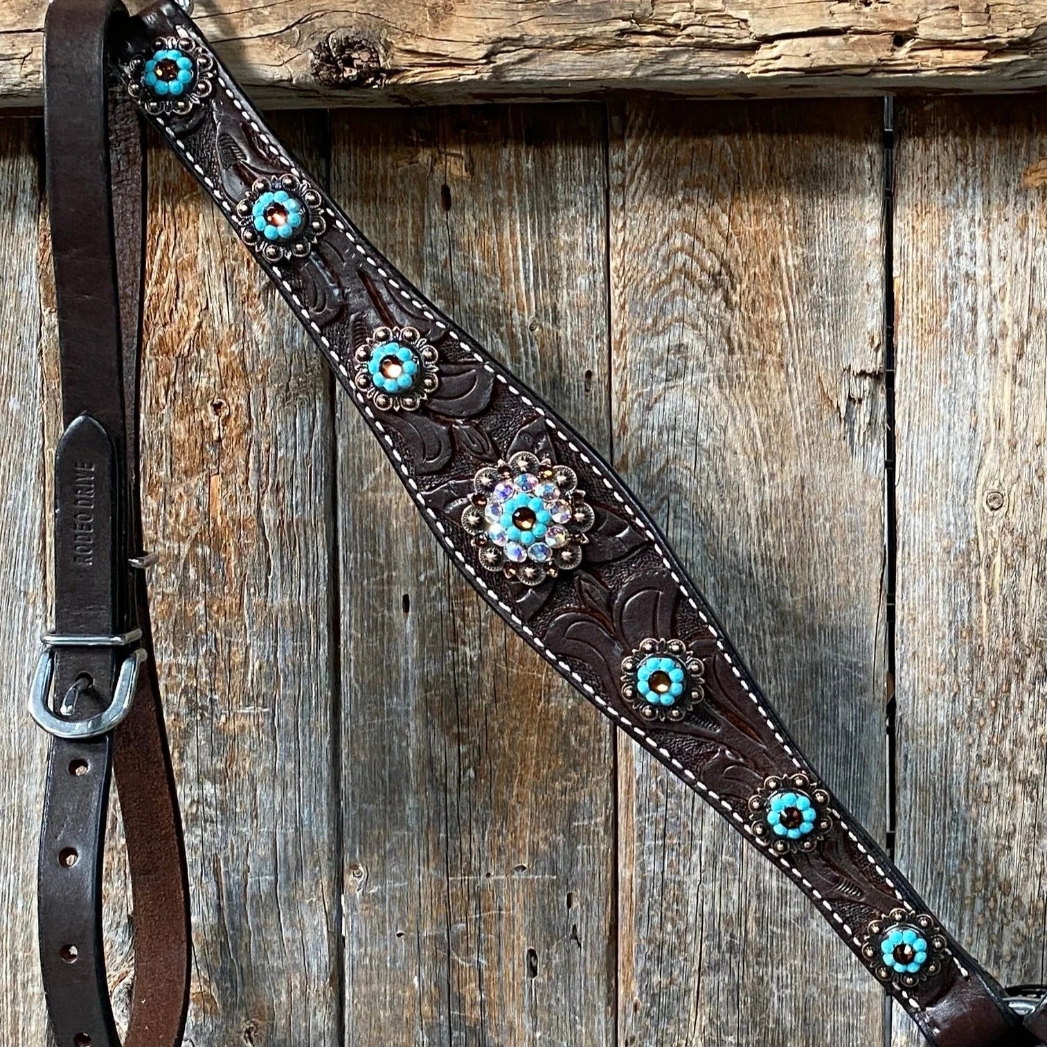 Dark Oil Floral Topaz & Turquoise Browband / Breastcollar Tack Set