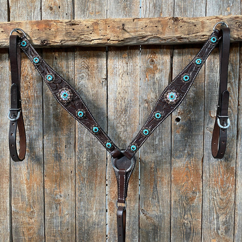 Dark Oil Floral Topaz & Turquoise Browband / Breastcollar Tack Set