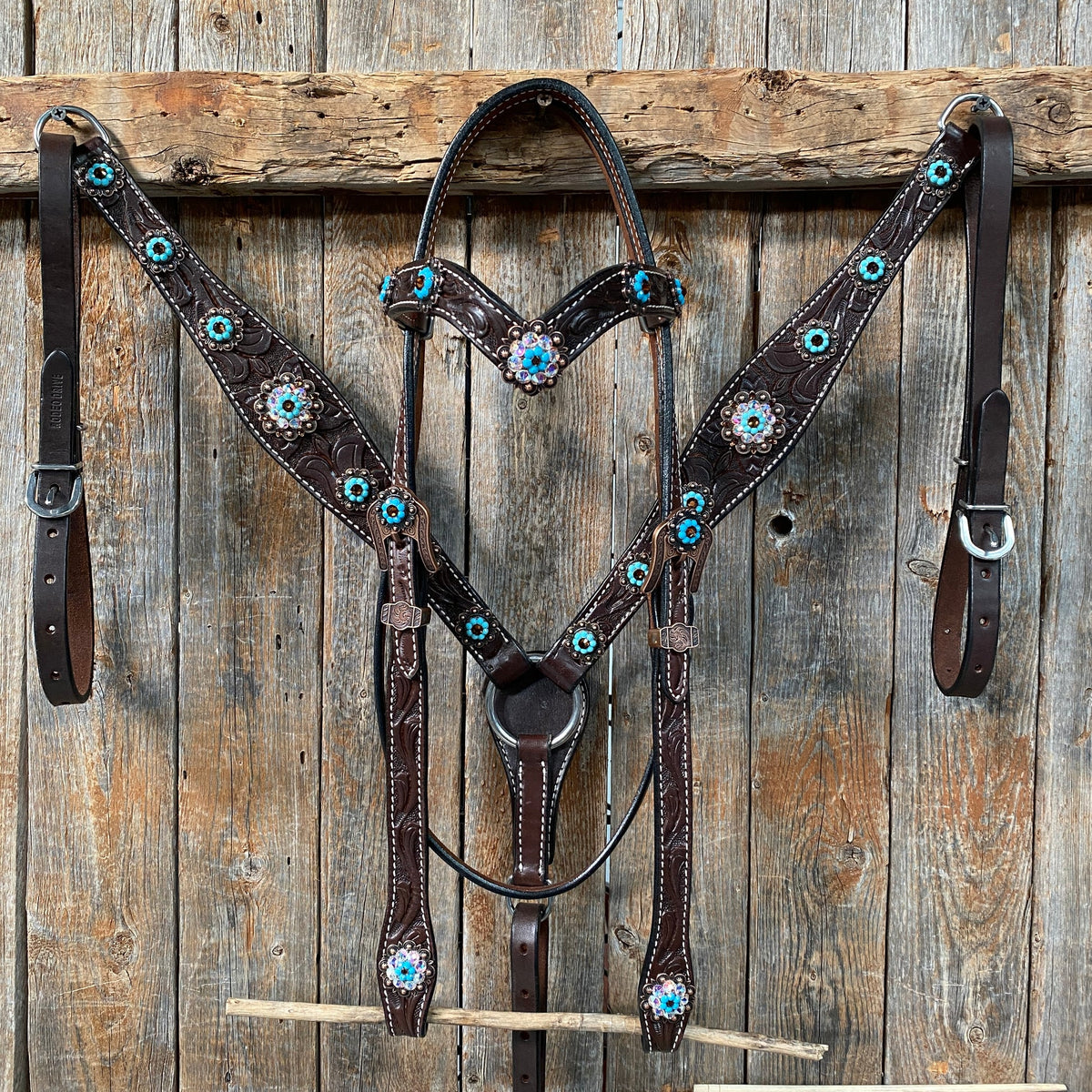 Dark Oil Floral Topaz & Turquoise Browband / Breastcollar Tack Set