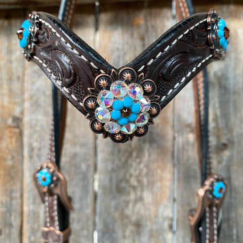 Dark Oil Floral Topaz & Turquoise Browband / Breastcollar Tack Set