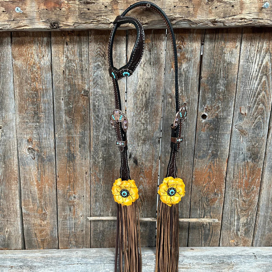 Dark Oil Floral Topaz and Turquoise One Ear/ Breastcollar Tack Set