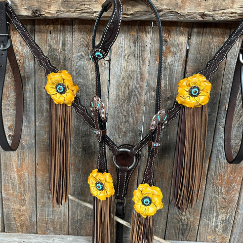 Dark Oil Floral Topaz and Turquoise One Ear/ Breastcollar Tack Set