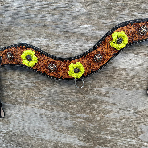 Two Tone Floral Tripping Neon Chartreuse Yellow and Jet One Ear / Breastcollar Tack Set