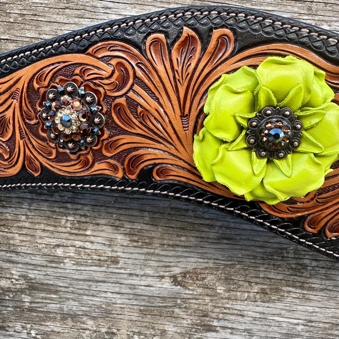 Two Tone Floral Tripping Neon Chartreuse Yellow and Jet One Ear / Breastcollar Tack Set