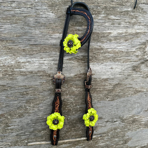 Two Tone Floral Tripping Neon Chartreuse Yellow and Jet One Ear / Breastcollar Tack Set