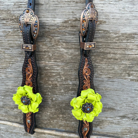 Two Tone Floral Tripping Neon Chartreuse Yellow and Jet One Ear / Breastcollar Tack Set