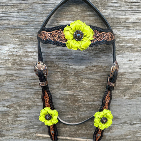 Two Tone Floral Tripping Neon Chartreuse Yellow and Jet One Ear / Breastcollar Tack Set