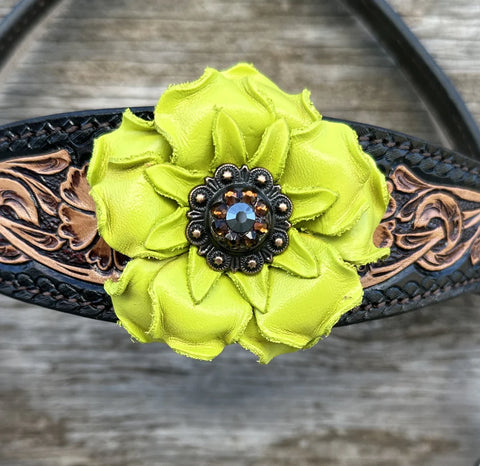 Two Tone Floral Tripping Neon Chartreuse Yellow and Jet One Ear / Breastcollar Tack Set