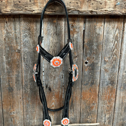 Black Floral Neon Orange Browband / Breastcollar Tack Set