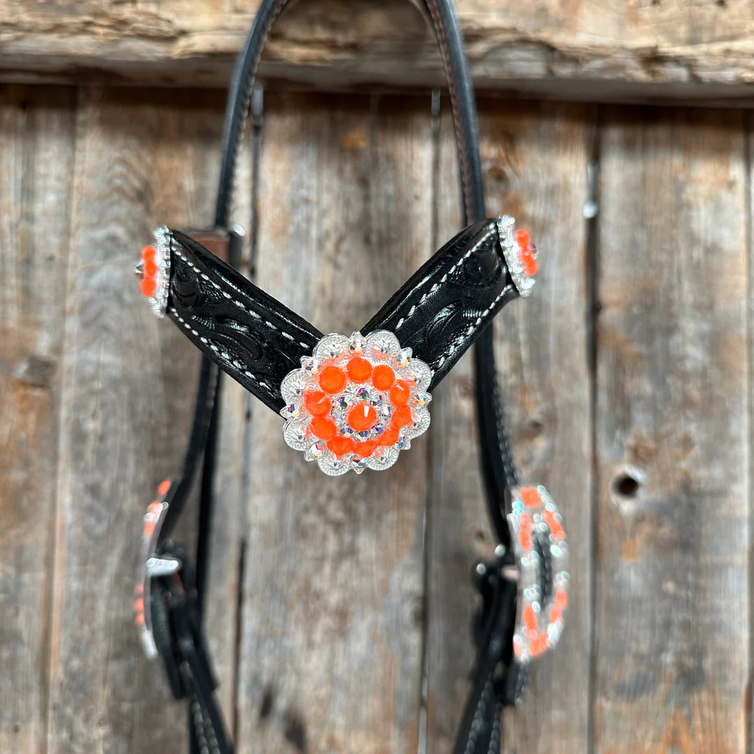 Black Floral Neon Orange Browband / Breastcollar Tack Set