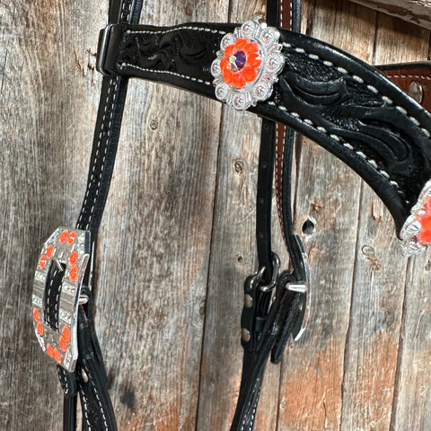 Black Floral Neon Orange Browband / Breastcollar Tack Set