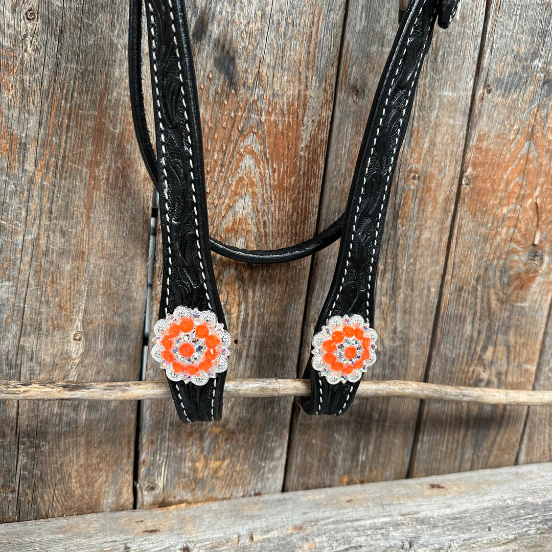 Black Floral Neon Orange Browband / Breastcollar Tack Set