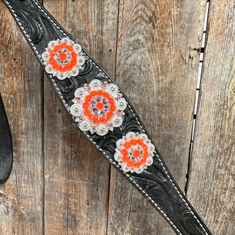 Black Floral Neon Orange Browband / Breastcollar Tack Set