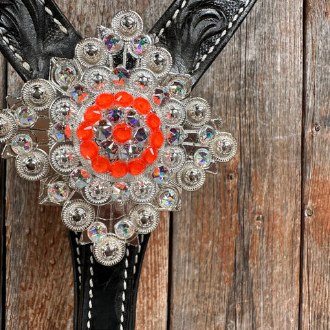 Black Floral Neon Orange Browband / Breastcollar Tack Set