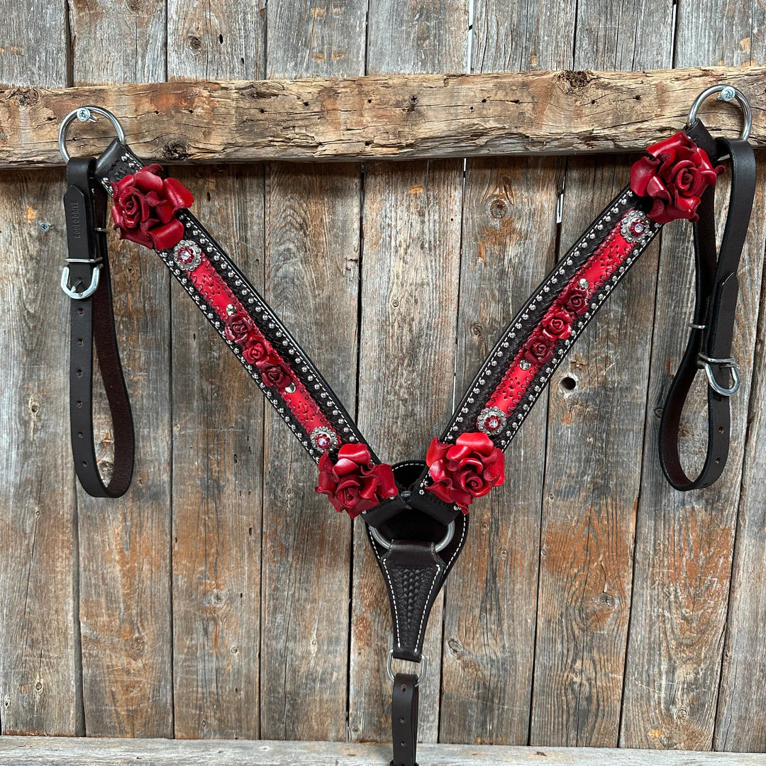 Dark Oil Silver Dot Red Roses Browband/Breastcollar Tack Set